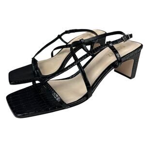 Schutz Black Faux Croc Square Toe Strappy Block Heeled Sandals 10